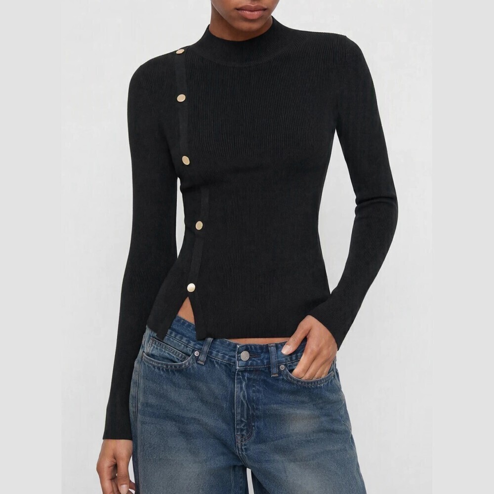 Black Ribbed Knit Asymmetric Gold Button Mock Neck Top